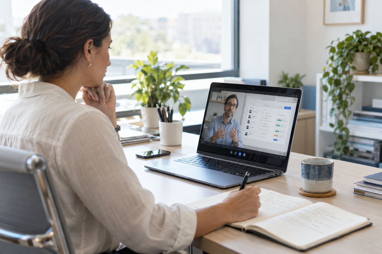 AI-generated editorial photograph of an HR manager attending an online product demonstration.