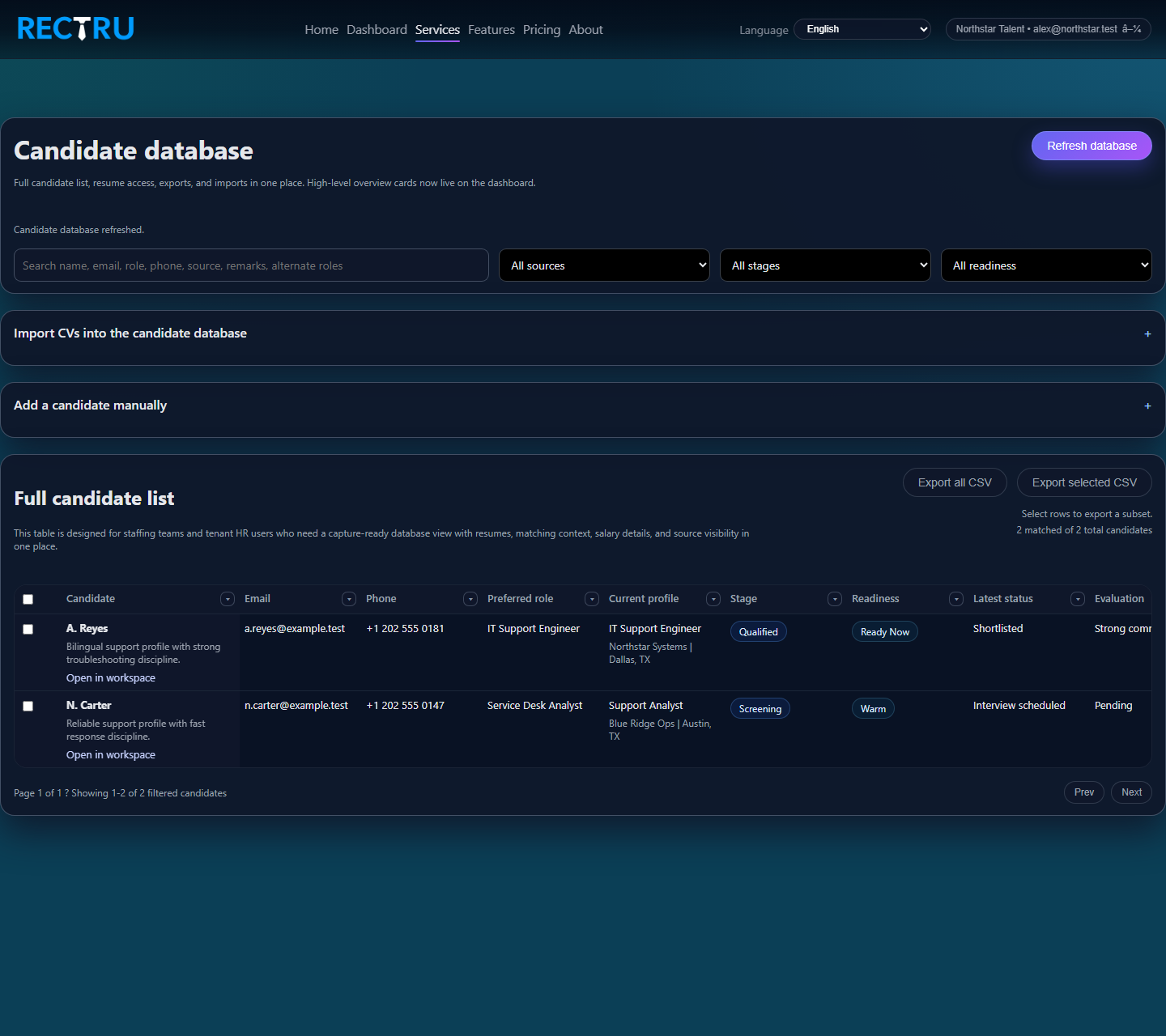 Candidate database page