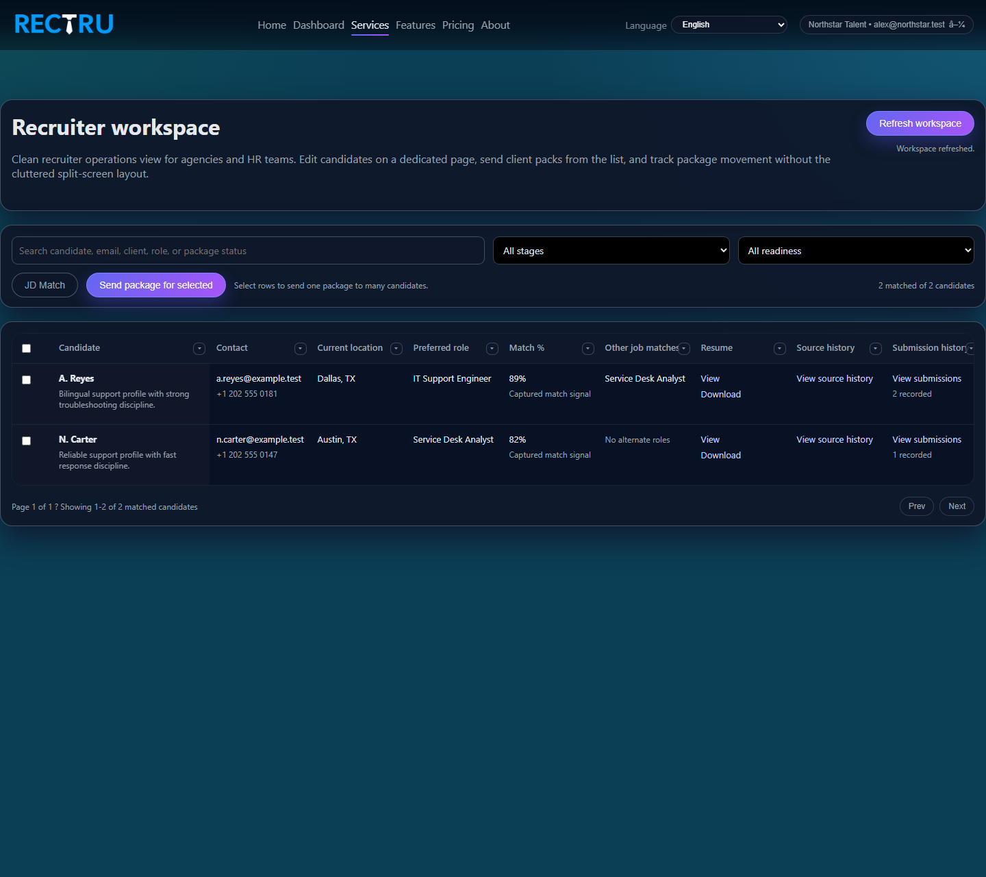 Recruiter workspace page